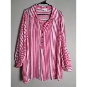 Fyve Blouse Plus Size 3X Pink Striped Lightweight Button Front V-Neck